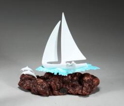 Sailboat Sculpture By John Perry with Dolphins & Crew 8In Tall On Polished Burlwood Base. Signed - thumbnail 1