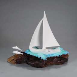 Sailboat Sculpture By John Perry with Dolphins & Crew 8In Tall On Polished Burlwood Base. Signed - thumbnail 4
