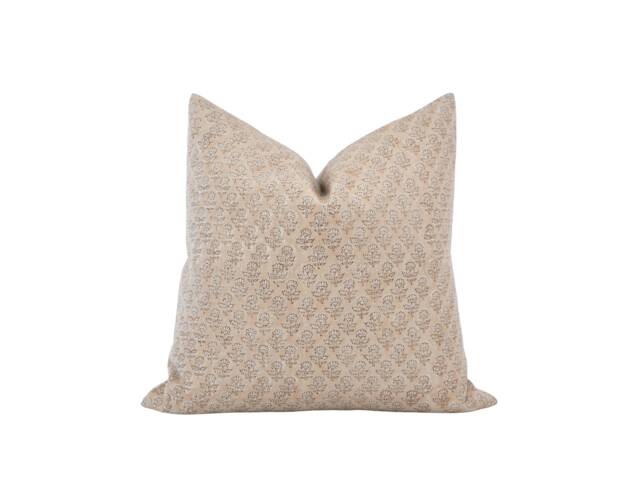 Fiele -- Designer Sand Floral Linen Pillow Cover Block Print Farmhouse Light Tan Neutral Beige - image 1