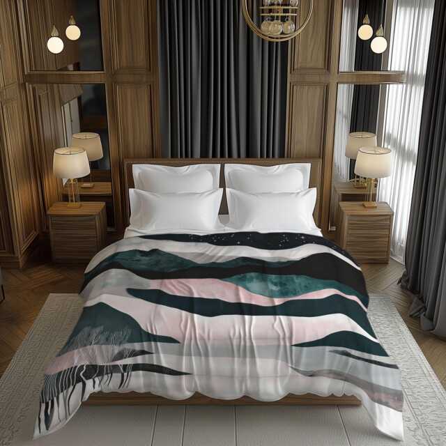 Modern Mountain Landscape Comforter, Nature Scandinavian Bedding Gift For Neutral Minimalist Bedroom Decor, Dark Blue Pink #241 - image 1