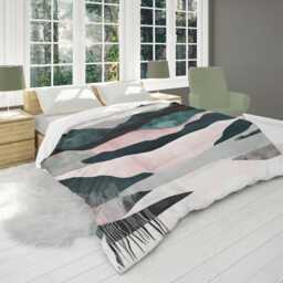 Modern Mountain Landscape Comforter, Nature Scandinavian Bedding Gift For Neutral Minimalist Bedroom Decor, Dark Blue Pink #241 - thumbnail 2