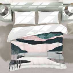 Modern Mountain Landscape Comforter, Nature Scandinavian Bedding Gift For Neutral Minimalist Bedroom Decor, Dark Blue Pink #241 - thumbnail 3