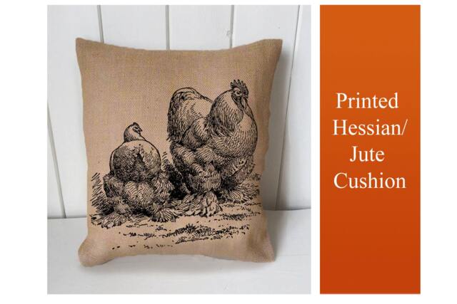 Chicken Hen Chicks Farm Animals - Cushion Fabric Panel Or Case Or With Filling Rustic Natural Jute Burlap Hessian