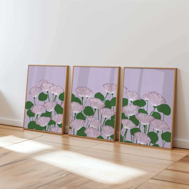 Minimalist Botanical Wall Art Set Of 3, Modern Floral Prints in Lilac & Green, Scandinavian Style Flower Artwork For Calm Home Decor - image 1
