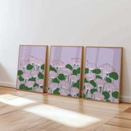 Minimalist Botanical Wall Art Set Of 3, Modern Floral Prints in Lilac & Green, Scandinavian Style Flower Artwork For Calm Home Decor - thumbnail 1