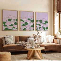 Minimalist Botanical Wall Art Set Of 3, Modern Floral Prints in Lilac & Green, Scandinavian Style Flower Artwork For Calm Home Decor - thumbnail 3
