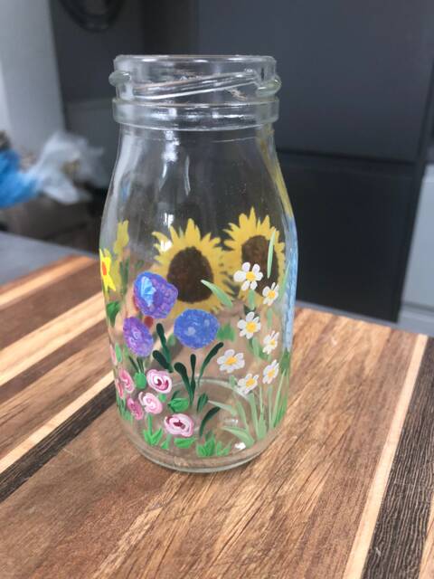 Hand Painted Floral Milk Bottle Bud Vase Sunflower Garden Design - image 1
