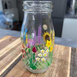 Hand Painted Floral Milk Bottle Bud Vase Sunflower Garden Design - thumbnail 2