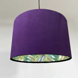 Purple Velvet Drum Lampshade, Double Sided Lampshade With Palm Eaves Cotton Interior, Ceiling Light Shade