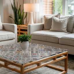 Mosaic With Ornaments Glass Table Top, Gray Cover, Scratch-Resistant Layer, Modern Tabletop