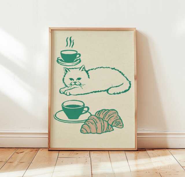 Coffee Cat Poster, Croissant Kitchen Print, Cafe Wall Art - image 1