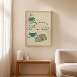Coffee Cat Poster, Croissant Kitchen Print, Cafe Wall Art - thumbnail 2