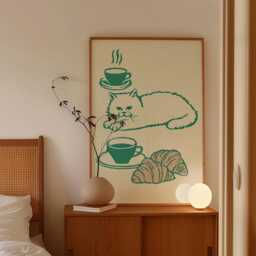 Coffee Cat Poster, Croissant Kitchen Print, Cafe Wall Art - thumbnail 3