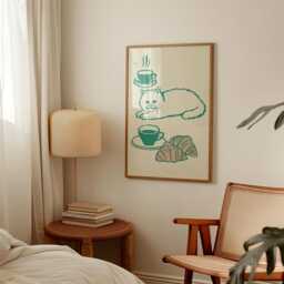 Coffee Cat Poster, Croissant Kitchen Print, Cafe Wall Art - thumbnail 4
