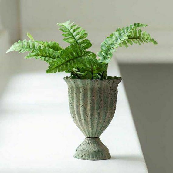 Small Mini Green Urn - Rustic Distressed Metal Vase Planter Ribbed Fluted Posy Classic - image 1