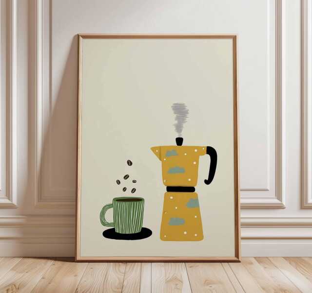Moka Pot Coffee Mug Art Print Poster, Mid Century Modern Illustration, Kitchen Wall Decor Lover Gift - image 1