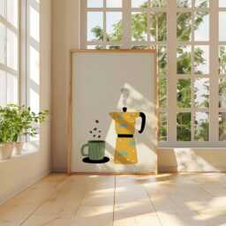 Moka Pot Coffee Mug Art Print Poster, Mid Century Modern Illustration, Kitchen Wall Decor Lover Gift - thumbnail 3