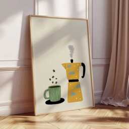 Moka Pot Coffee Mug Art Print Poster, Mid Century Modern Illustration, Kitchen Wall Decor Lover Gift - thumbnail 2