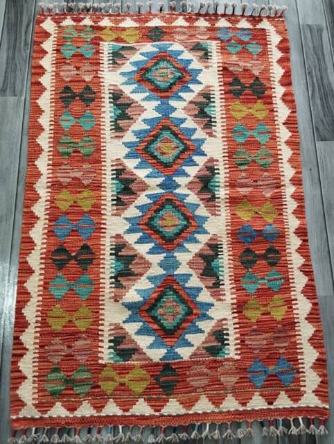 Handmade Kilim Rug, Artisan Afghan Turkish Navajo Geometric Wool Rug 127x83 cm - image 1
