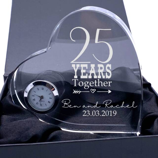 Engraved Heart Crystal Glass Clock Any Anniversary Gift 1st, 5Th, 10Th, 25Th, 30Th, 40Th, 50Th, 60Th - image 1