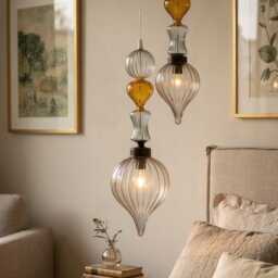 Handblown Glass Pendant Light - Smokey Grey & Yellow Decorative Ceiling Fixture - thumbnail 2