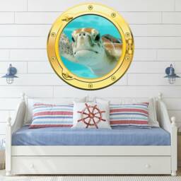 Large Turtle Sea Port Hole Silver Or Gold Porthole Round Gloss Cut Wall Sticker Decal Adhesive - thumbnail 2