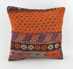 "Kilim Pillow, Wool Kilim Cousin From Anatolia, 40x40 cm, 16""x16" - thumbnail 1