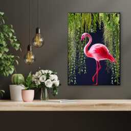Flamingo Wall Art Print - Tropical Jungle, Exotic Bird On Navy - Unframed - thumbnail 2