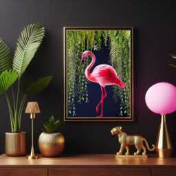 Flamingo Wall Art Print - Tropical Jungle, Exotic Bird On Navy - Unframed - thumbnail 3