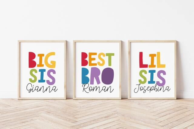 Set Of 3 Playroom Prints, Big Bro Lil Sis, Brother Sister Bedroom Sibling Rainbow Wall Art, Colourful