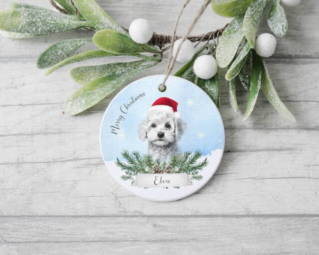 Personalised Dog Christmas Ornament, Custom Pet Portrait Bauble, Cavachon Decoration - image 1