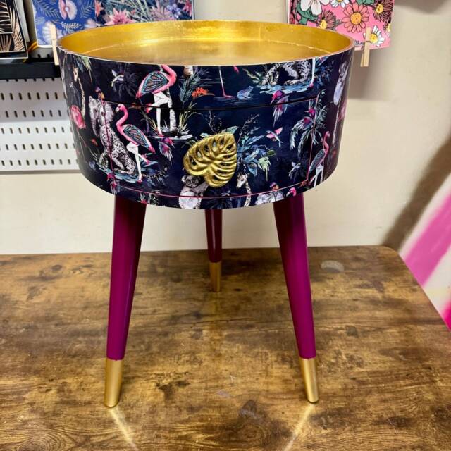 Tropical Side Table, Navy Flamingo & Cheetah Design, Opulent Nightstand, Gold Bedside Round Small Table - image 1