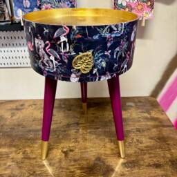 Tropical Side Table, Navy Flamingo & Cheetah Design, Opulent Nightstand, Gold Bedside Round Small Table - thumbnail 1