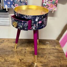 Tropical Side Table, Navy Flamingo & Cheetah Design, Opulent Nightstand, Gold Bedside Round Small Table - thumbnail 2