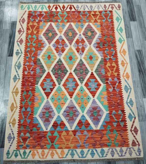 Kilim Rug Multicolour, Handmade Artisan Afghan Turkish, Scandinavian, Navajo, Bohemian Flatweave, Natural Wool 199x148 cm - image 1