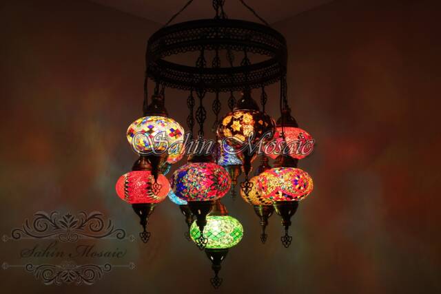 Turkish Mosaic Sultan Chandelier - 11 Large Globe Ottoman Ceiling Lamp - S11L - image 1