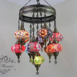 Turkish Mosaic Sultan Chandelier - 11 Large Globe Ottoman Ceiling Lamp - S11L - thumbnail 2
