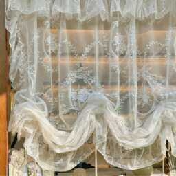 White Lace Tie-Up Curtain Floral Embroidered Ruffle Cafe Curtain - thumbnail 2