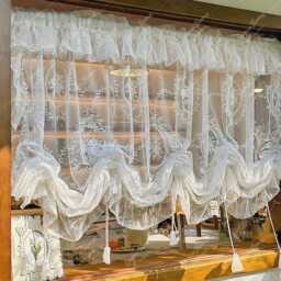 White Lace Tie-Up Curtain Floral Embroidered Ruffle Cafe Curtain - thumbnail 1