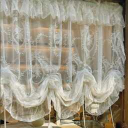 White Lace Tie-Up Curtain Floral Embroidered Ruffle Cafe Curtain - thumbnail 3