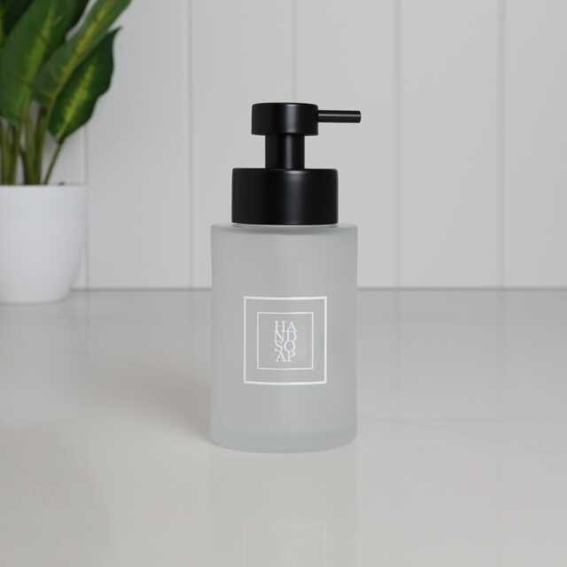 250Ml Frosted Glass Soap Dispenser With White Square Label, Refillable Bottle Black Pump Choose Your Text - Housewarming Gifts - image 1