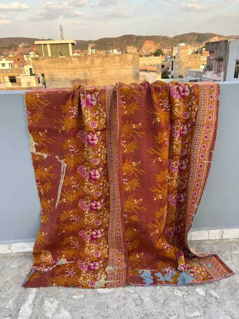 Cotton Kantha Quilt Block Print Reversible Patchwork Handmade Ethnic Bedding - image 1