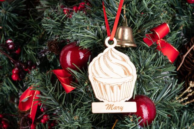 Personalized Cupcake Ornament, Custom Christmas Laser Engraved Wood Baking Holiday Tree Decoration - image 1