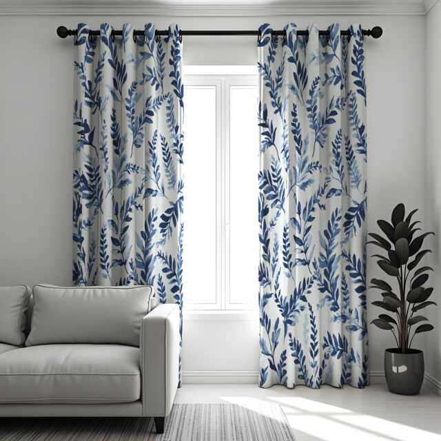 Blue Botanical Leaf Curtains, Watercolor Print Drapes, Modern Nature Curtain Panels - image 1