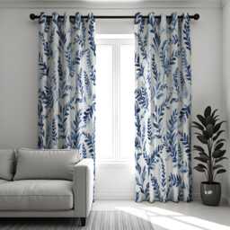 Blue Botanical Leaf Curtains, Watercolor Print Drapes, Modern Nature Curtain Panels