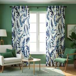 Blue Botanical Leaf Curtains, Watercolor Print Drapes, Modern Nature Curtain Panels - thumbnail 4