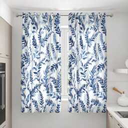 Blue Botanical Leaf Curtains, Watercolor Print Drapes, Modern Nature Curtain Panels - thumbnail 3
