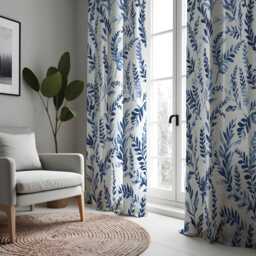 Blue Botanical Leaf Curtains, Watercolor Print Drapes, Modern Nature Curtain Panels - thumbnail 2
