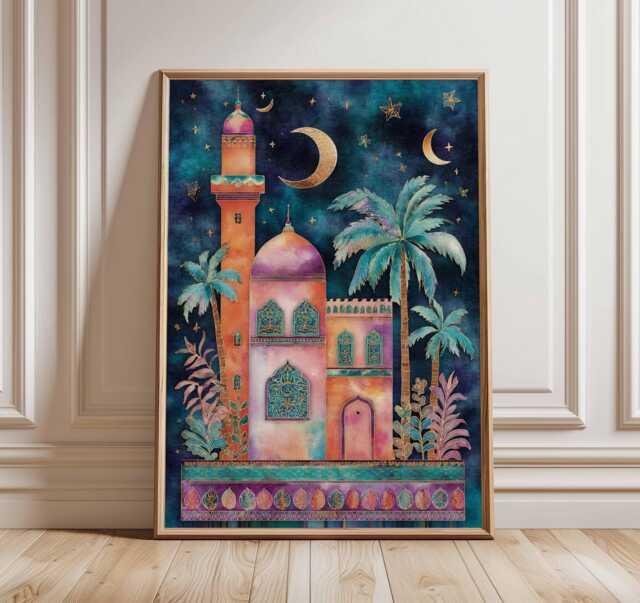 Moorish Palace Poster, Moroccan Night Wall Art, Crescent Moon Print, Exotic Architecture Decor, Dreamy Arabian Illustration - image 1