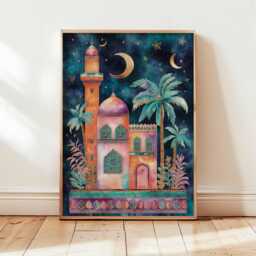Moorish Palace Poster, Moroccan Night Wall Art, Crescent Moon Print, Exotic Architecture Decor, Dreamy Arabian Illustration - thumbnail 2